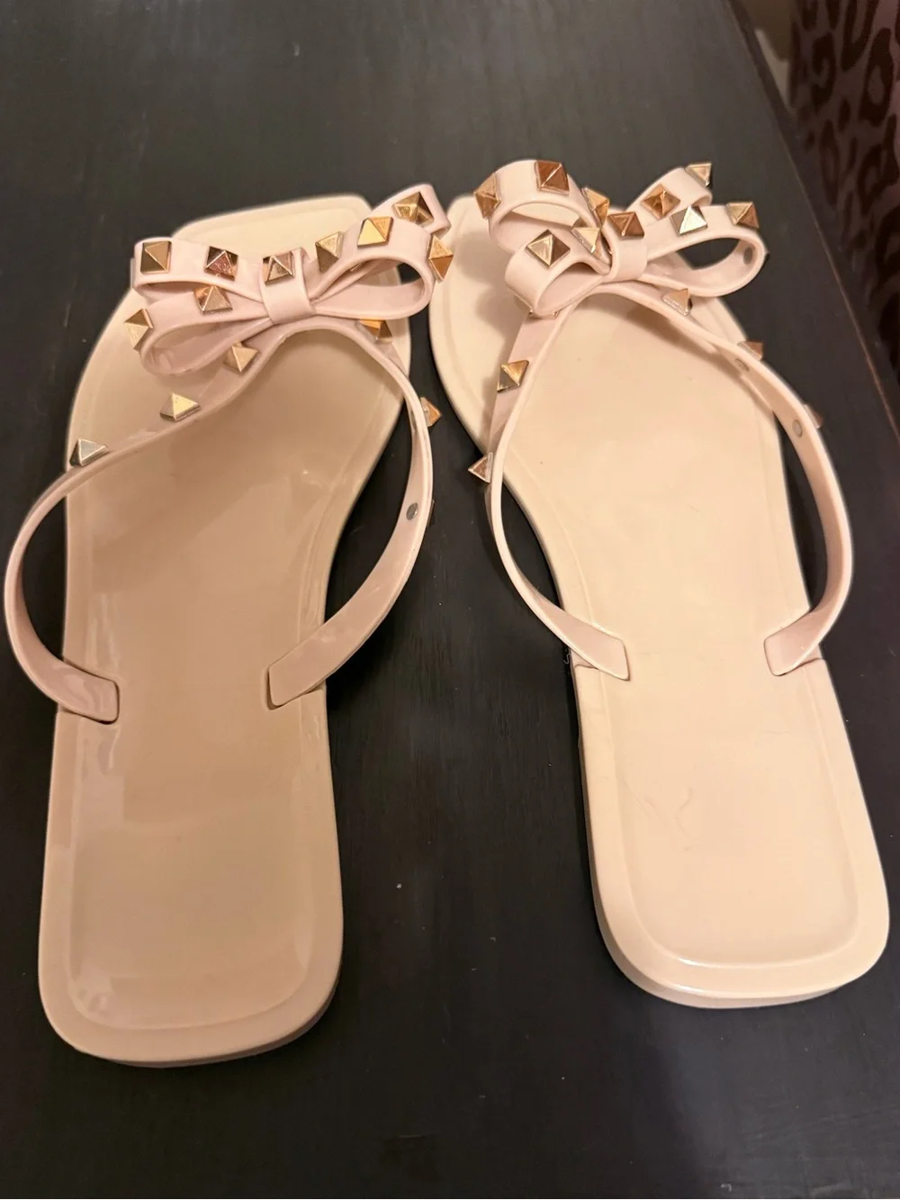Nude Studded Bow Thong Sandals - Women's Summer Flip Flops